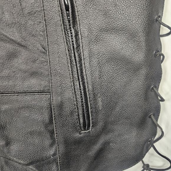 Jafrum Motorcycle Biker Black Leather Vest Side Laces Mens XL Inner Zip Pockets - Picture 4 of 9